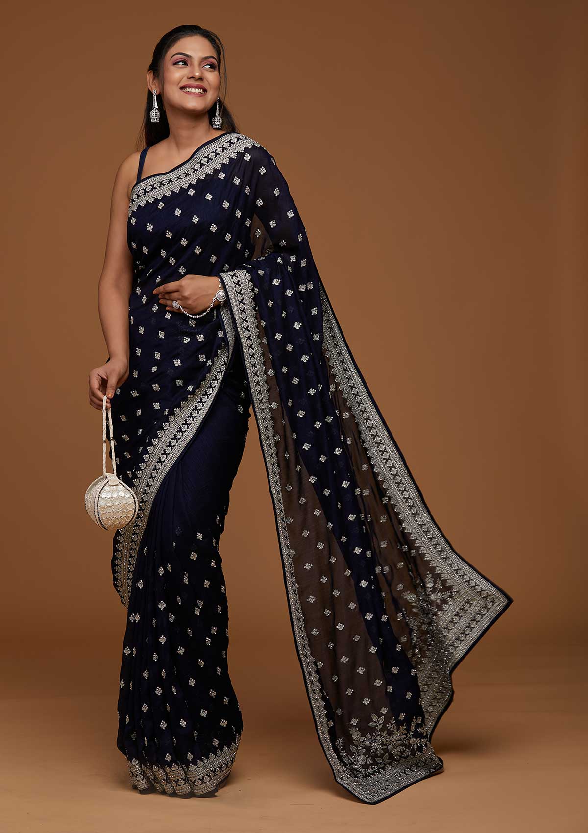 Navy Blue Zari Work Raw Silk Designer Saree