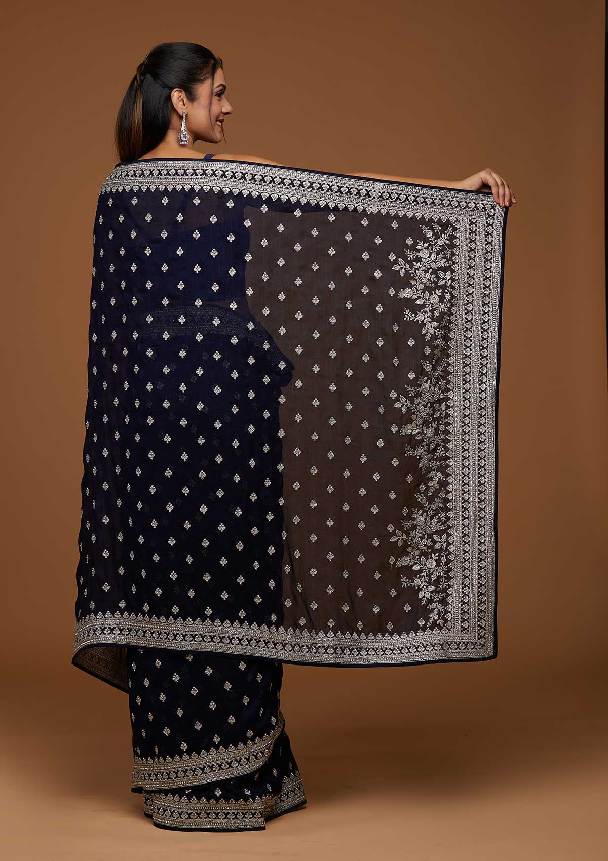 Navy Blue Zari Work Raw Silk Designer Saree