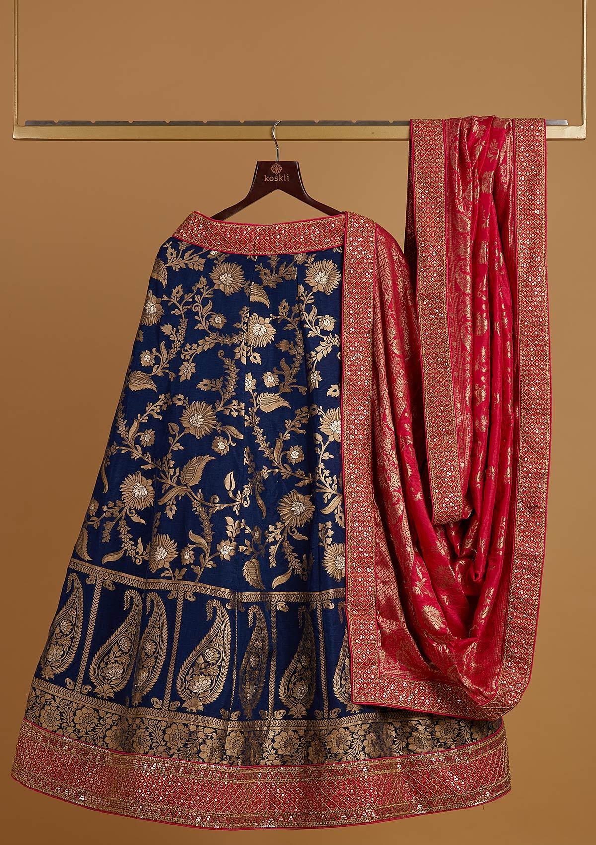 Navy Blue Sequins Banarasi Semi Stitched Lehenga