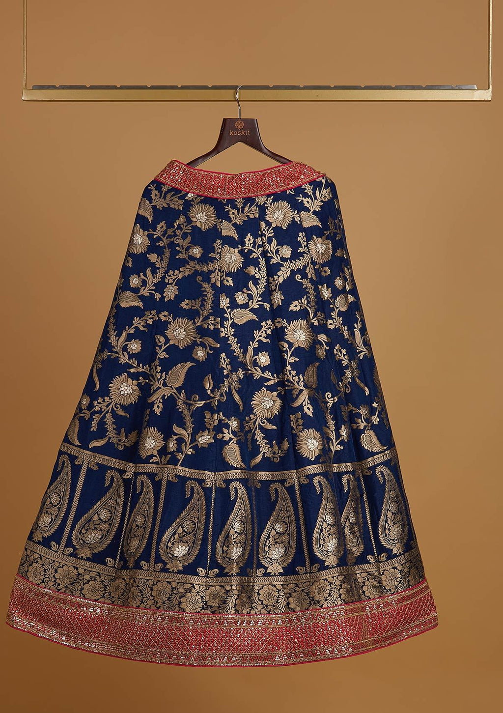 Navy Blue Sequins Banarasi Semi Stitched Lehenga