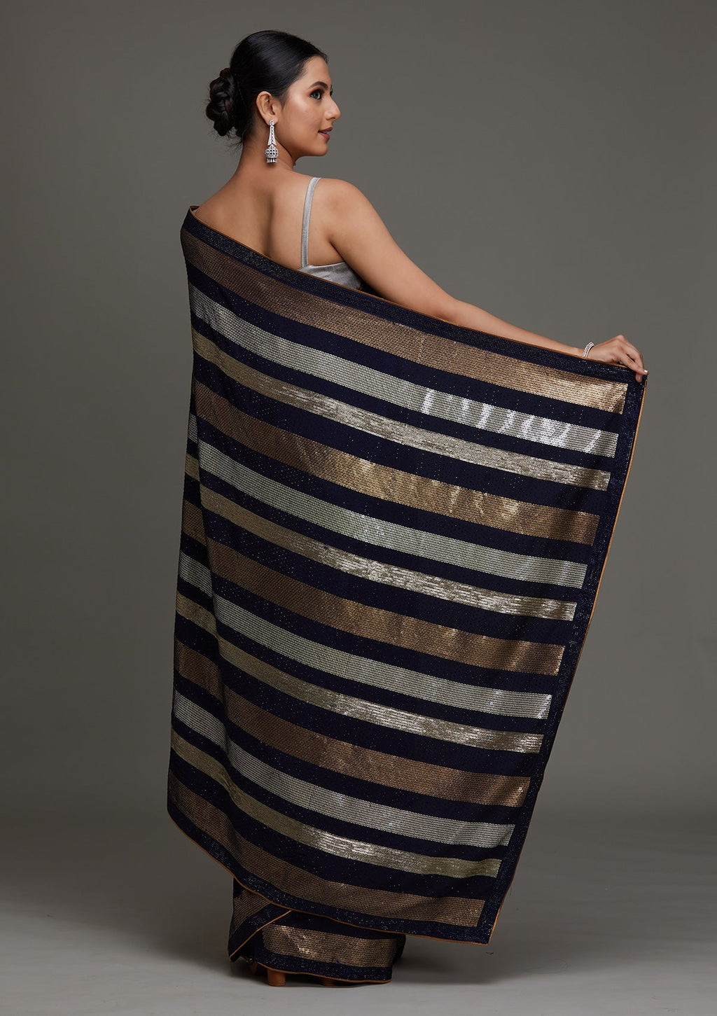 Navy Blue Sequins Georgette Designer Saree