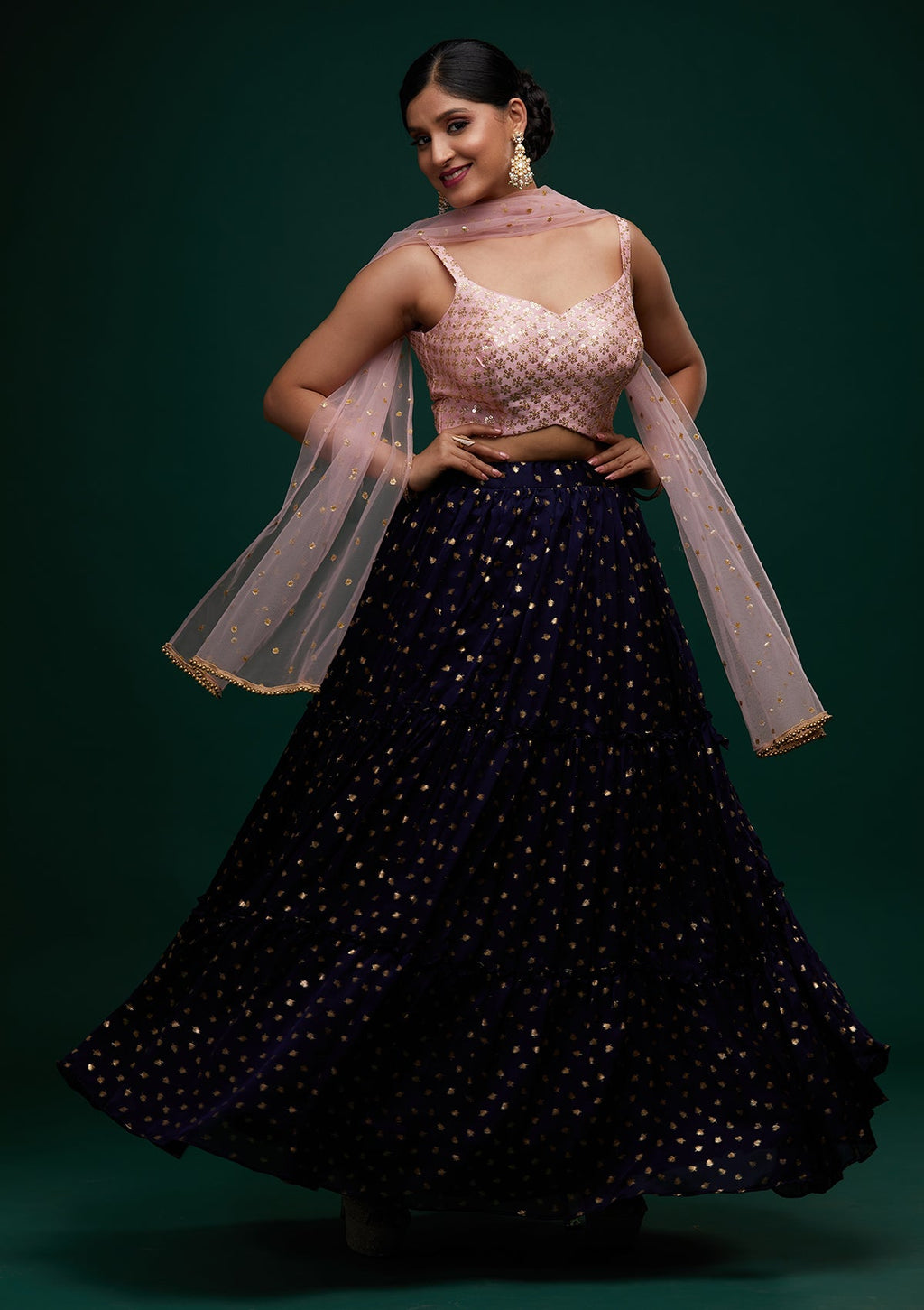 Navy Blue Sequins Semi Crepe Readymade Lehenga
