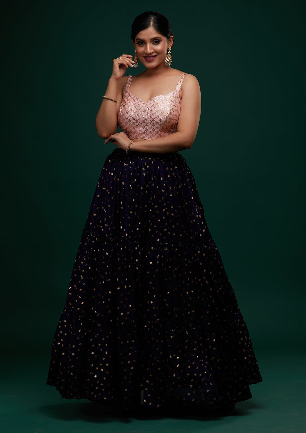 Navy Blue Sequins Semi Crepe Readymade Lehenga