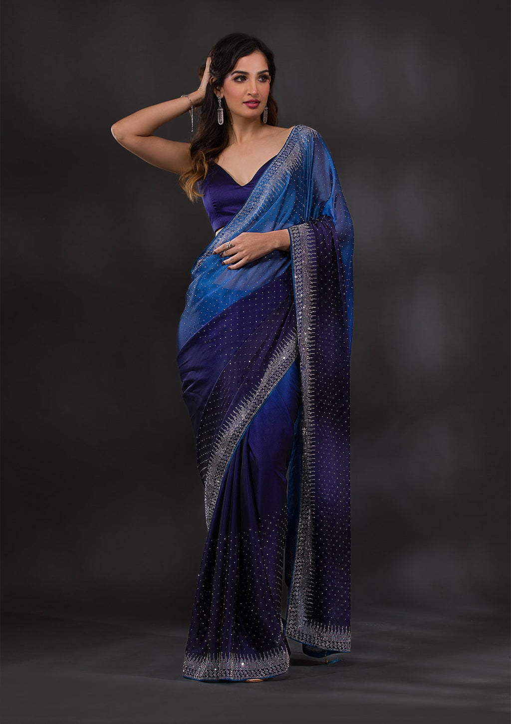 Ombre Navy Blue Stonework Satin Designer Saree
