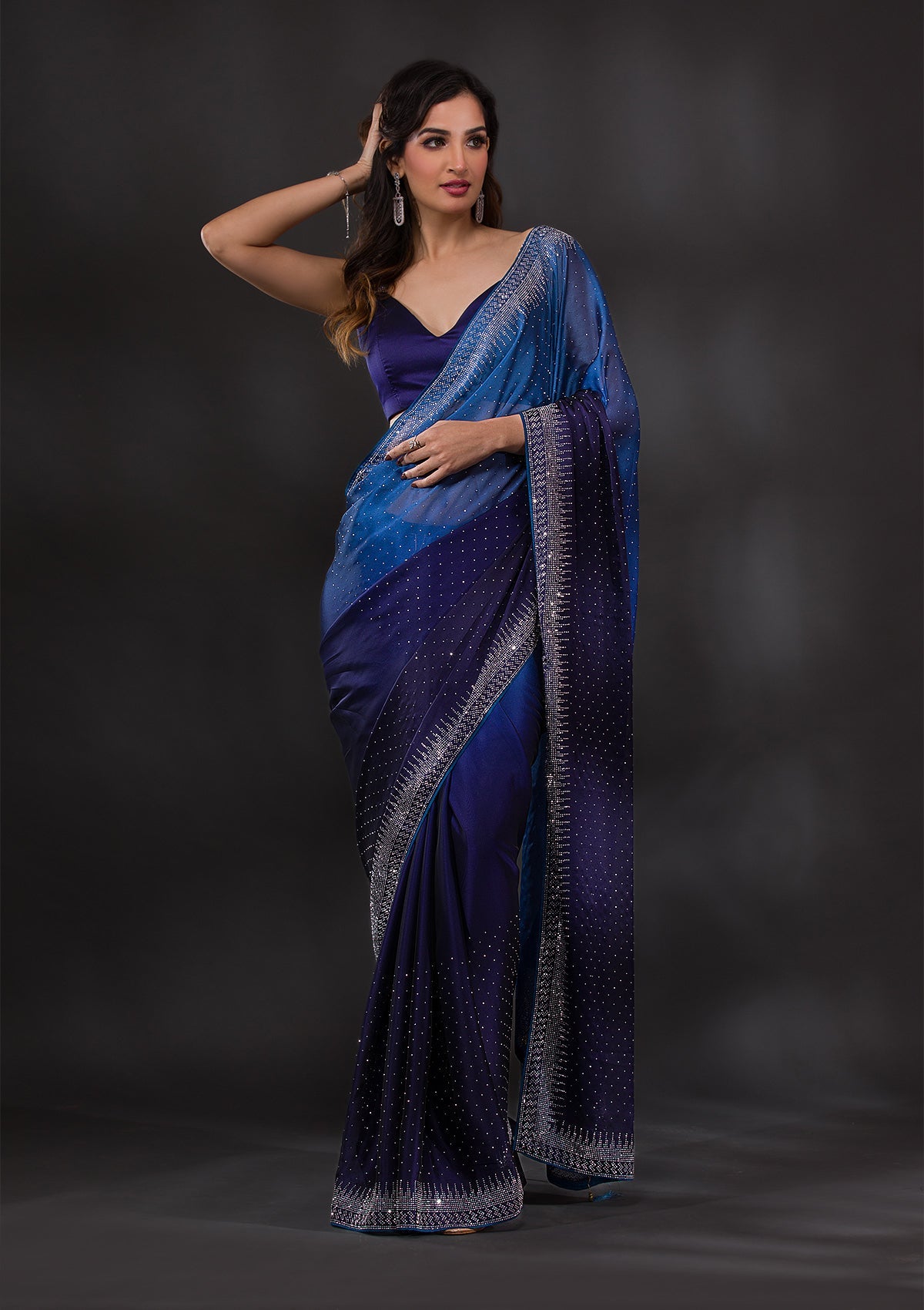 Ombre Navy Blue Stonework Satin Designer Saree