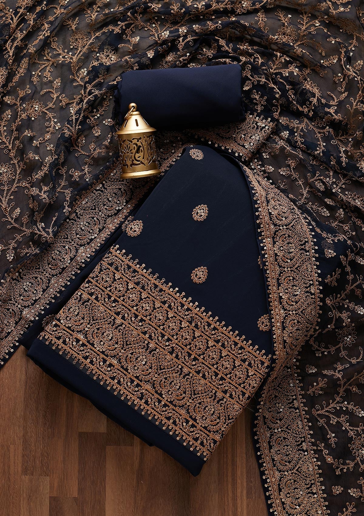 Navy Blue Threadwork Georgette Unstitched Salwar Suit