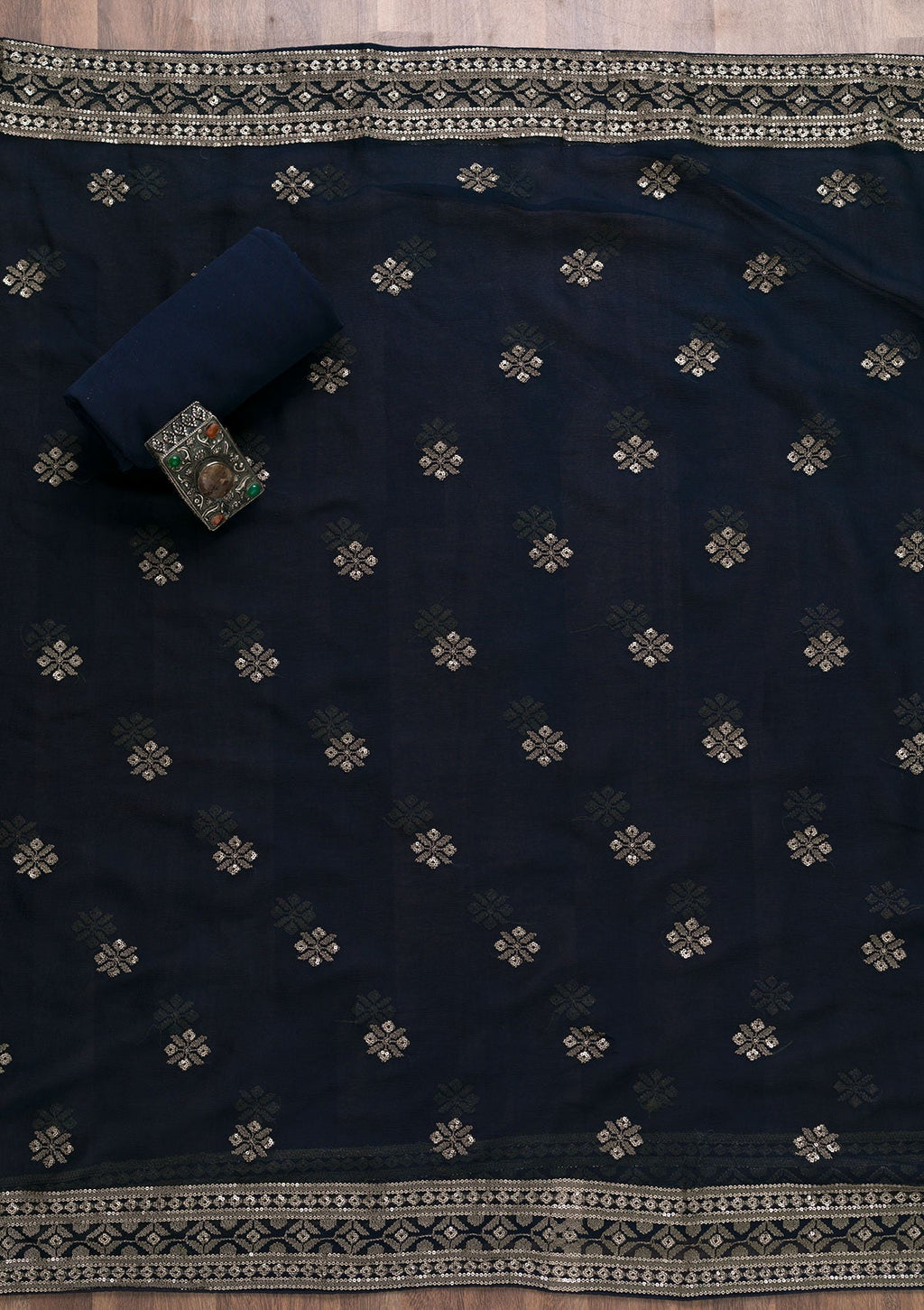 Navy Blue Threadwork Georgette Unstitched Salwar Suit