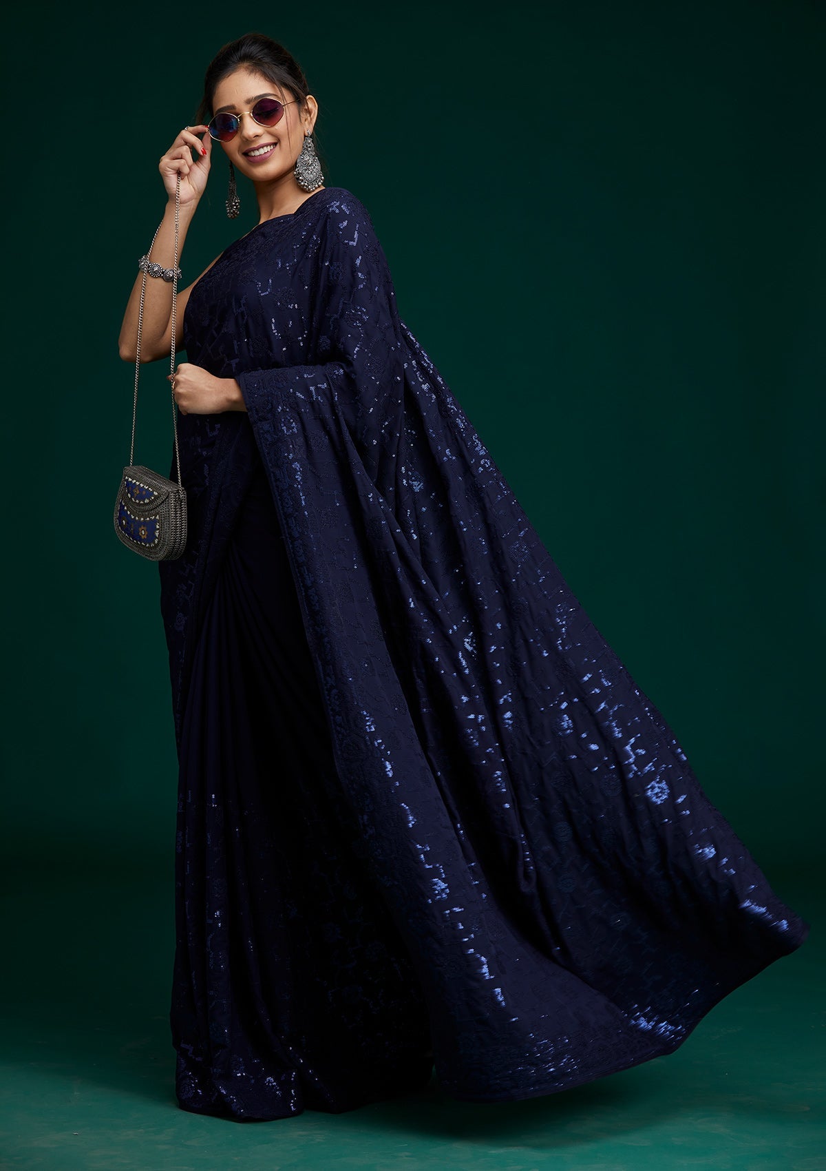 Navy Blue Sequins Georgette Designer Saree