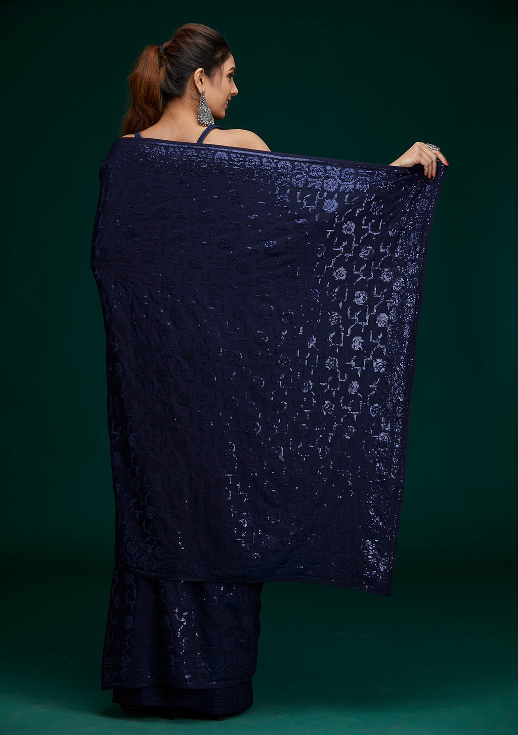 Navy Blue Sequins Georgette Designer Saree