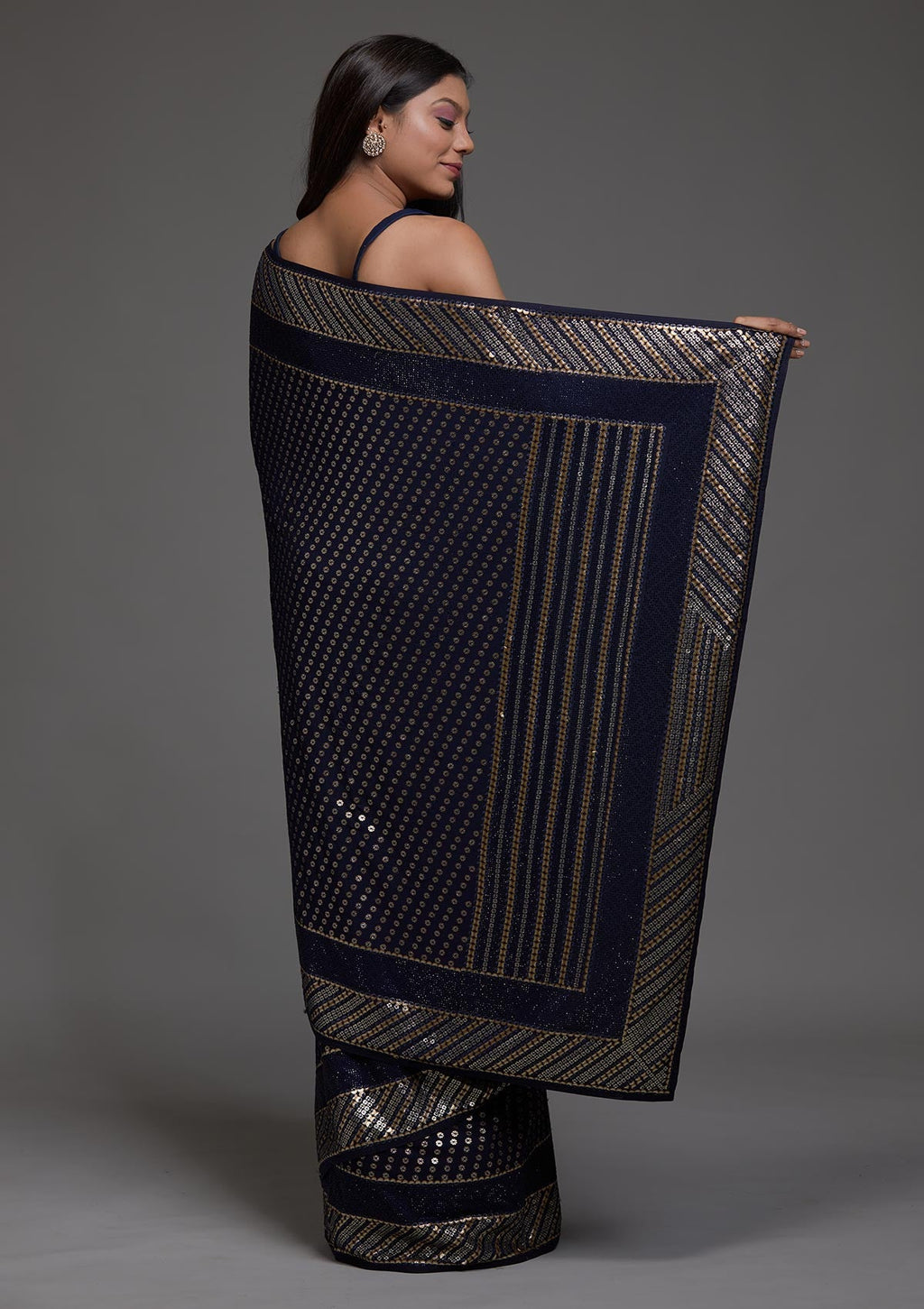 Navy Blue Sequins Georgette Designer Saree