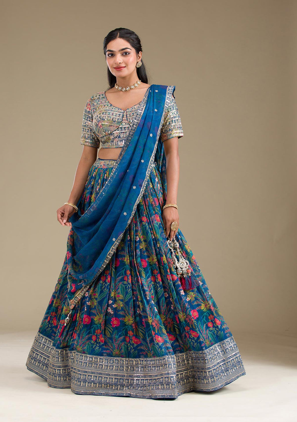 Navy Blue Printed Georgette Readymade Lehenga
