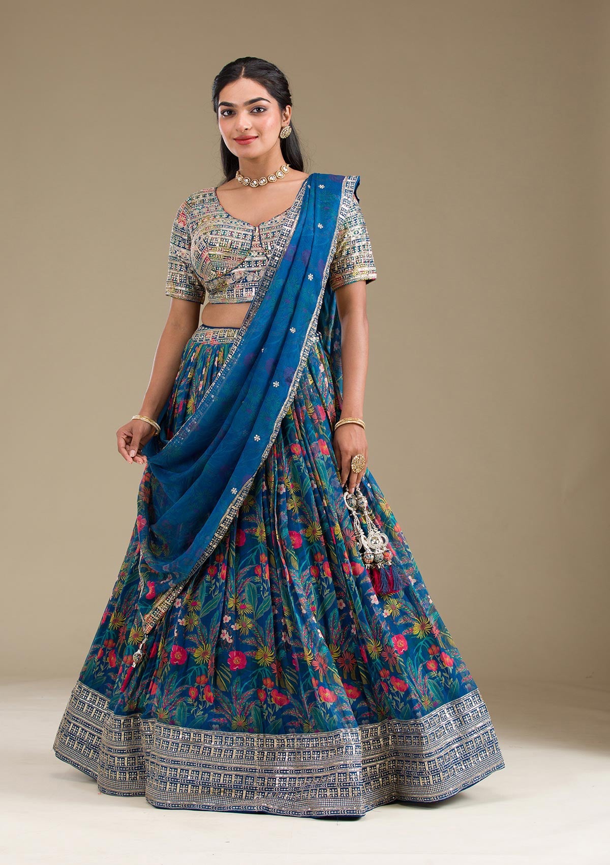 Navy Blue Printed Georgette Readymade Lehenga