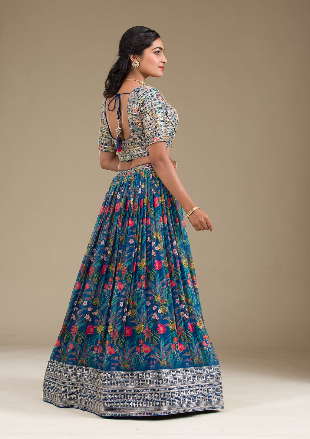 Navy Blue Printed Georgette Readymade Lehenga
