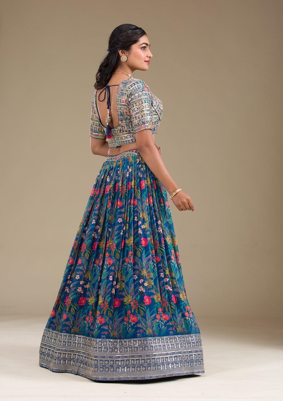 Navy Blue Printed Georgette Readymade Lehenga