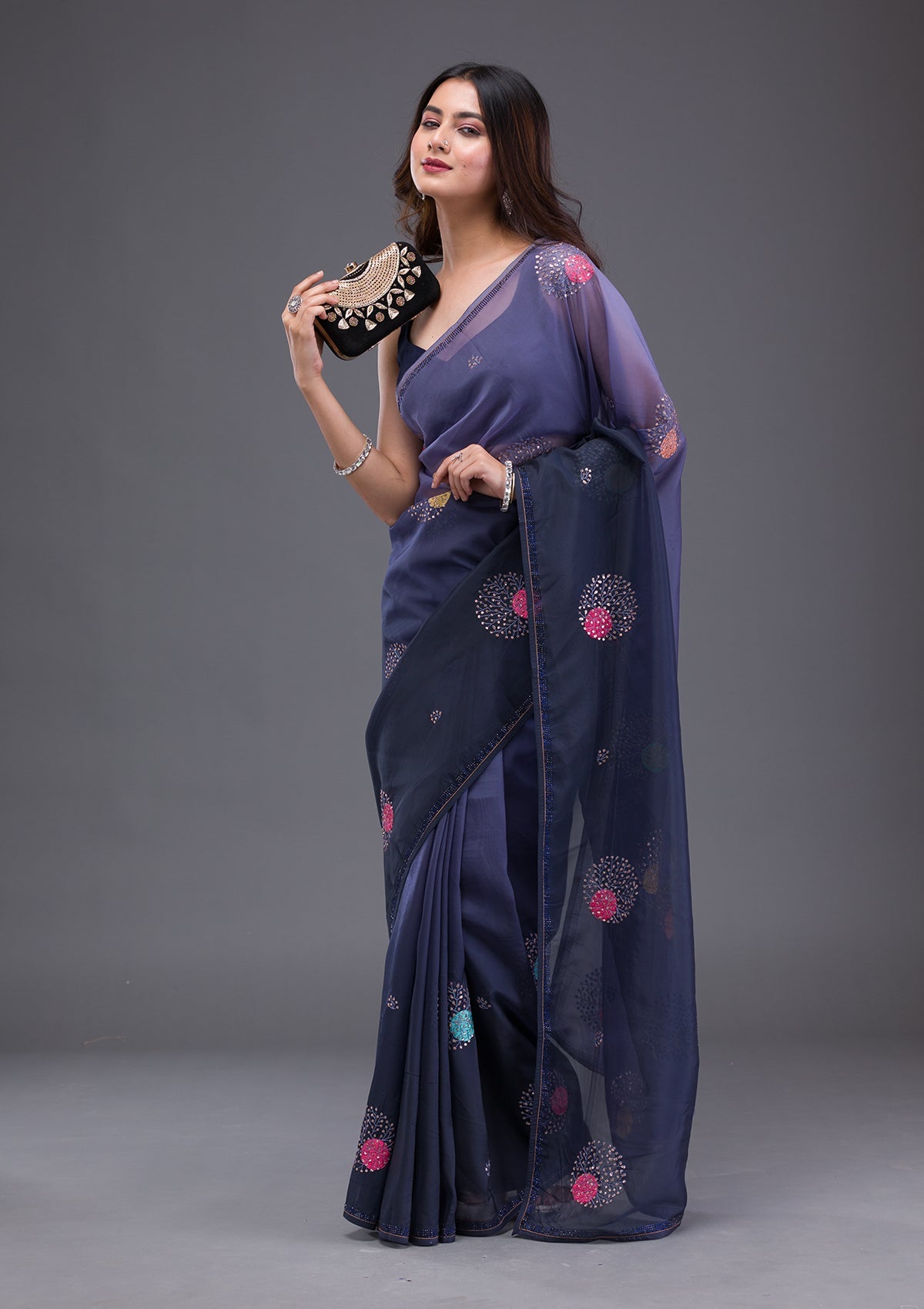 Navy Blue Swarovski Satin Saree