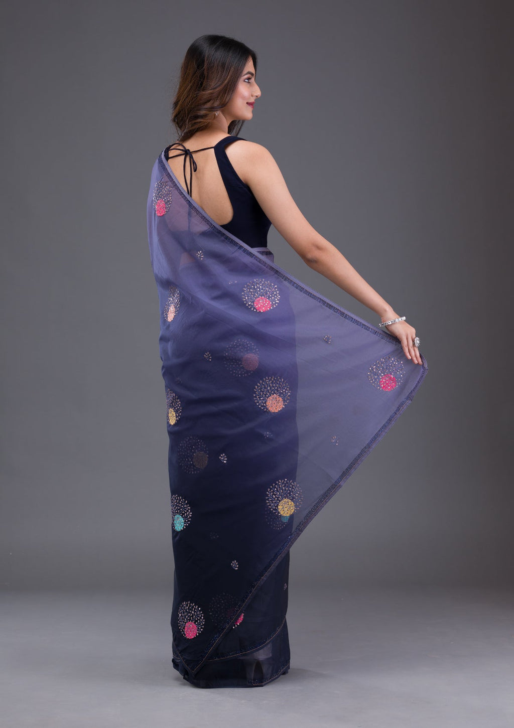 Navy Blue Swarovski Satin Saree