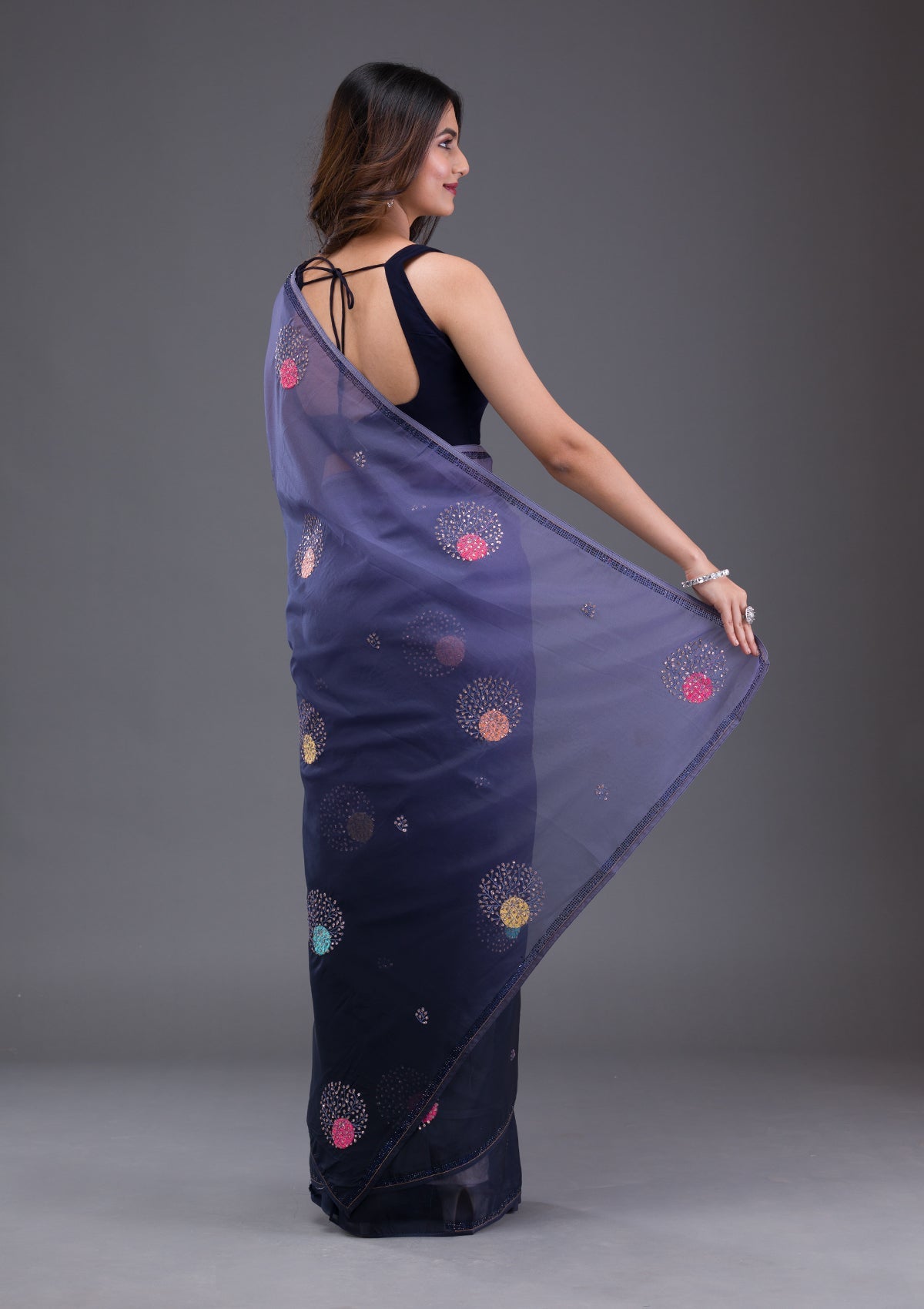 Navy Blue Swarovski Satin Saree