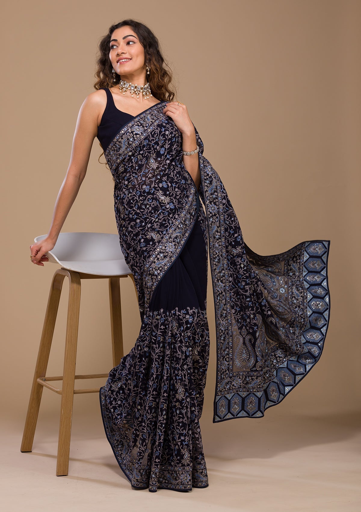 Navy Blue Threadwork Georgette Saree
