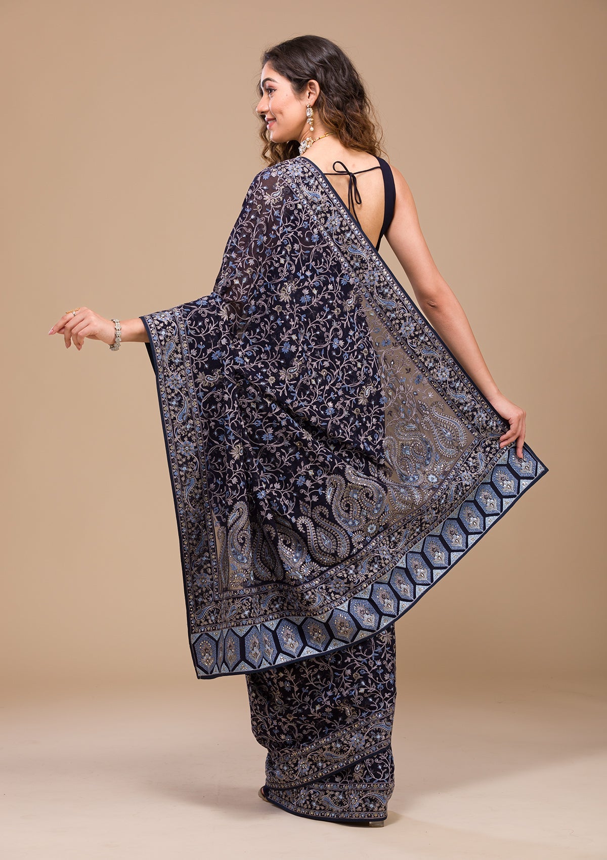 Navy Blue Threadwork Georgette Saree