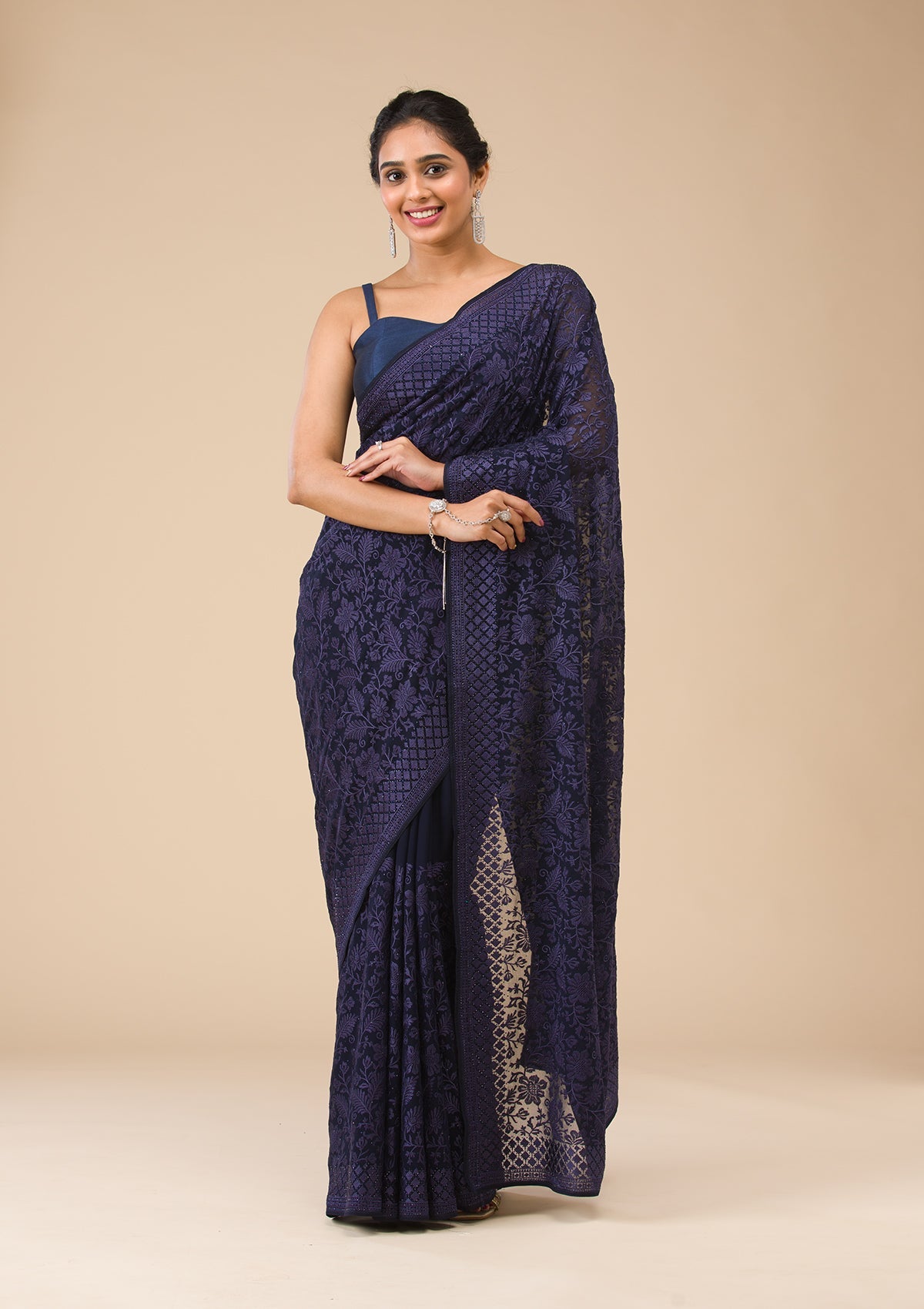Navy Blue Threadwork Georgette Saree