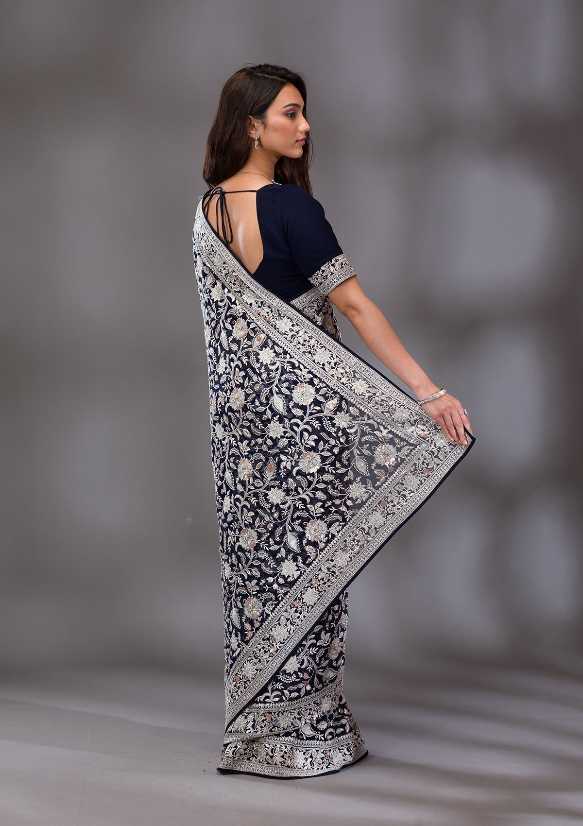Navy Blue Threadwork Tissue Saree