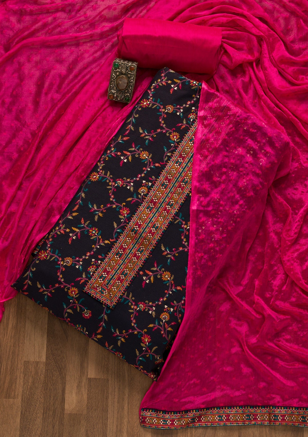 Navy Blue Zariwork Brocade Unstitched Salwar Suit
