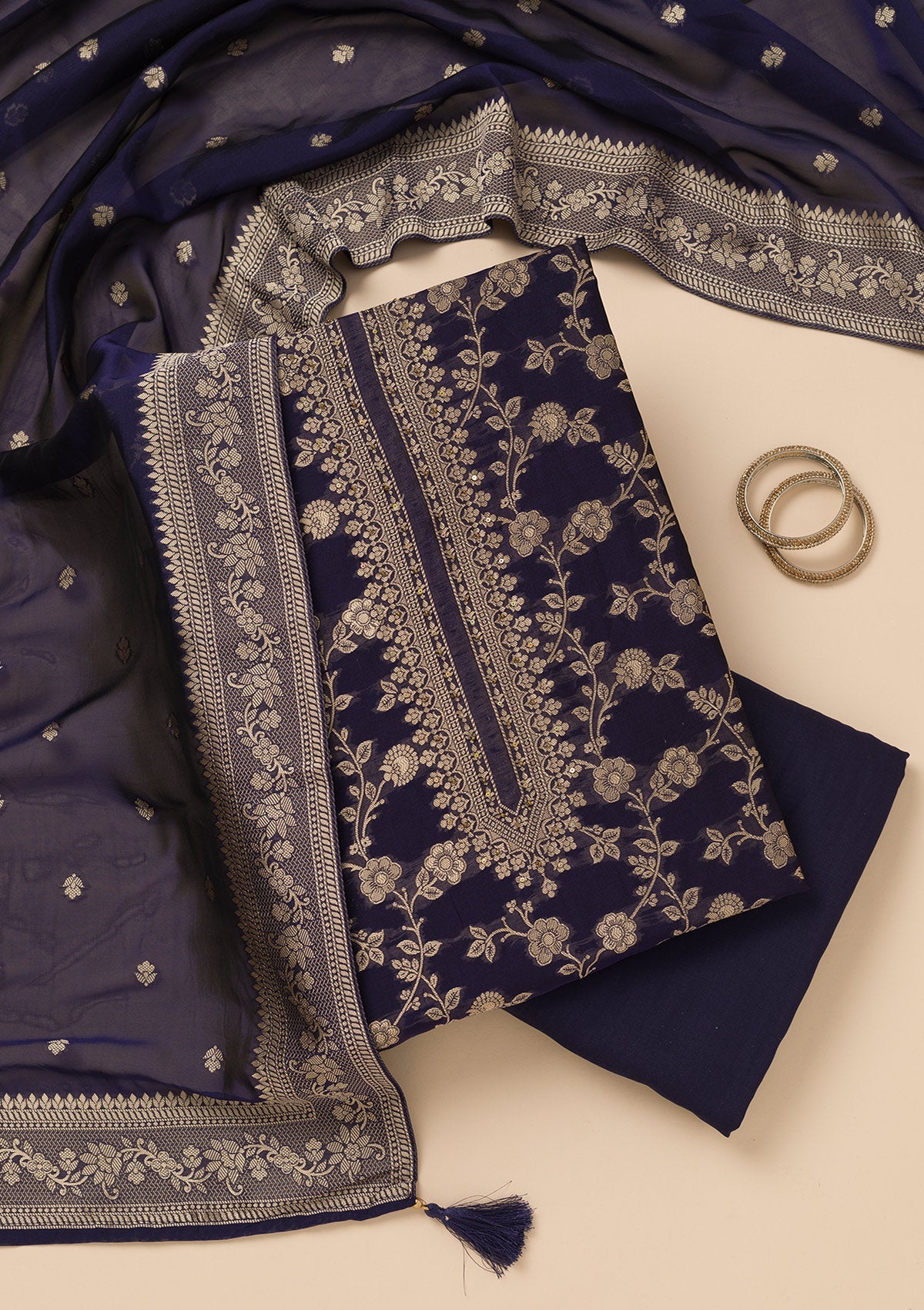 Navy Blue Zariwork Satin Unstitched Salwar Suit