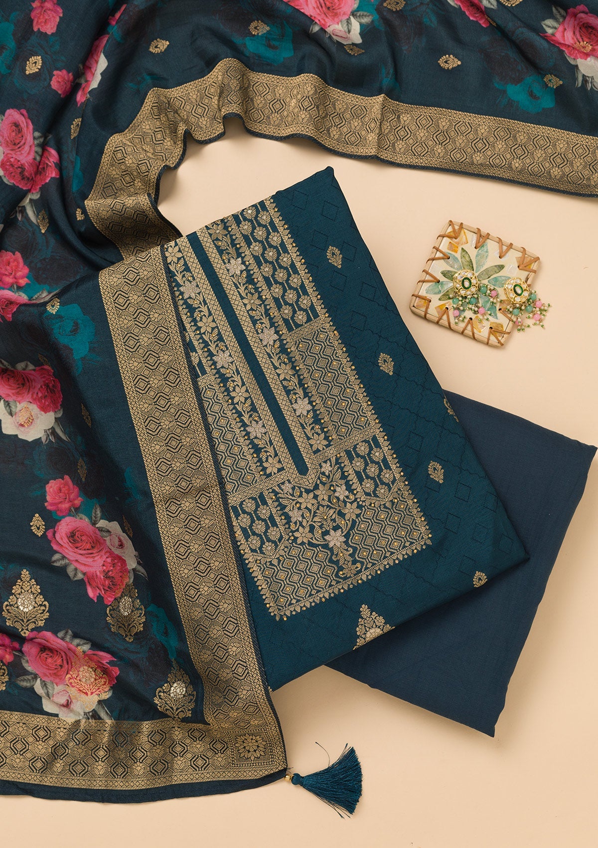 Navy Blue Zariwork Semi Crepe Unstitched Salwar Suit