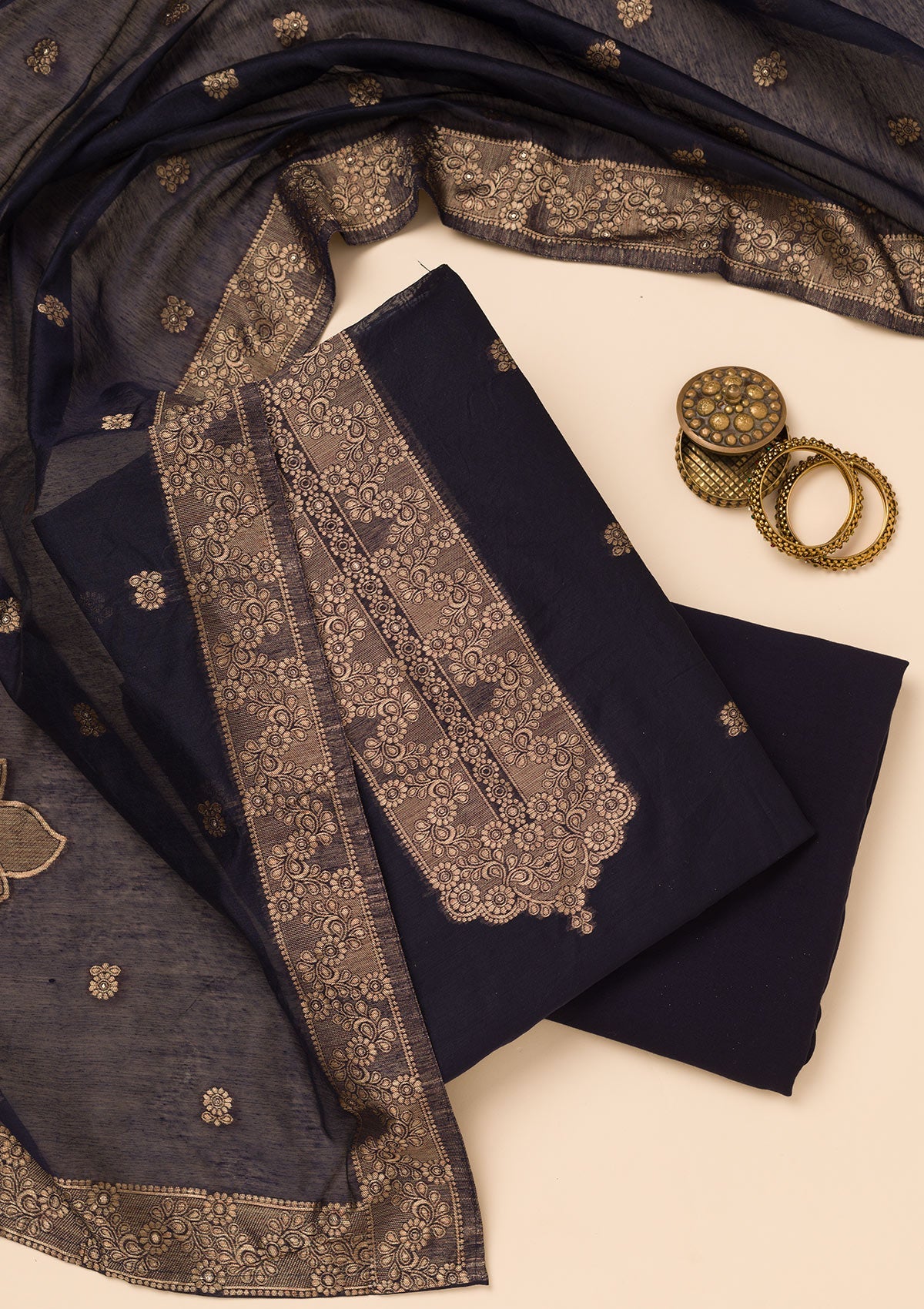 Navy Blue Zariwork Soft Silk Unstitched Salwar Suit