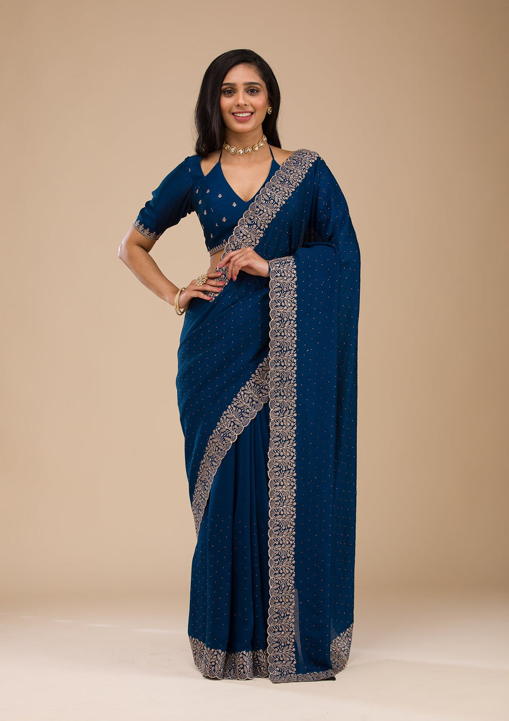 Navy Blue Zariwork Soft Silk Saree