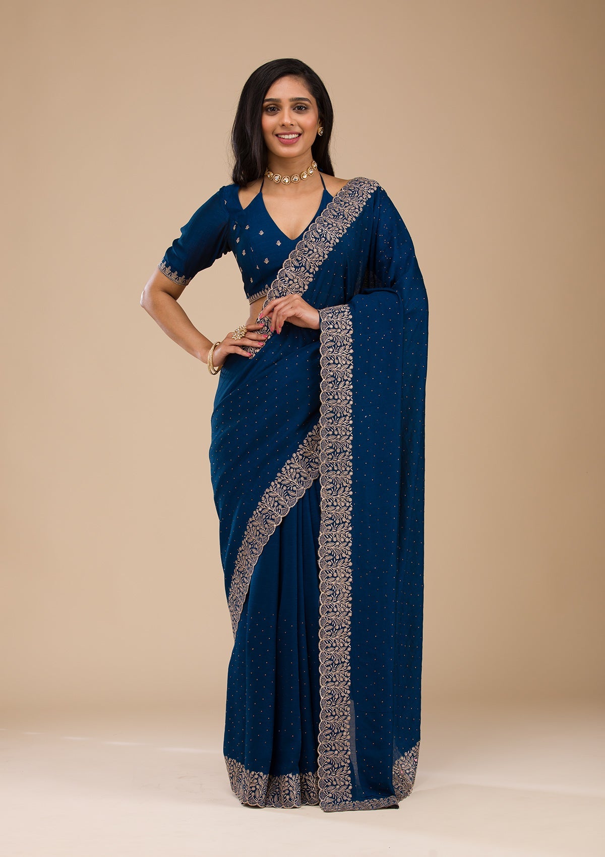 Navy Blue Zariwork Soft Silk Saree