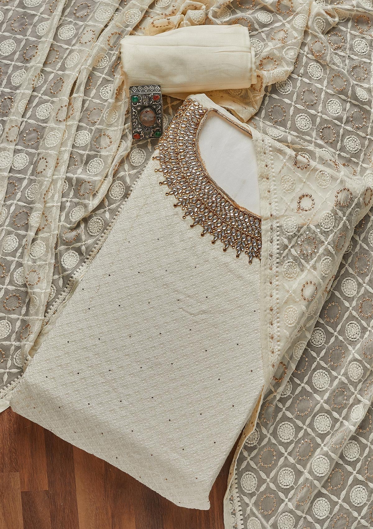 Off White Stonework Georgette Unstitched Salwar Suit