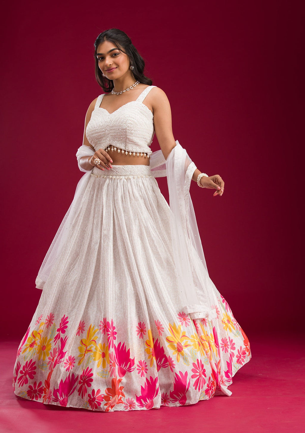 Off White Pearlwork Tissue Readymade Lehenga