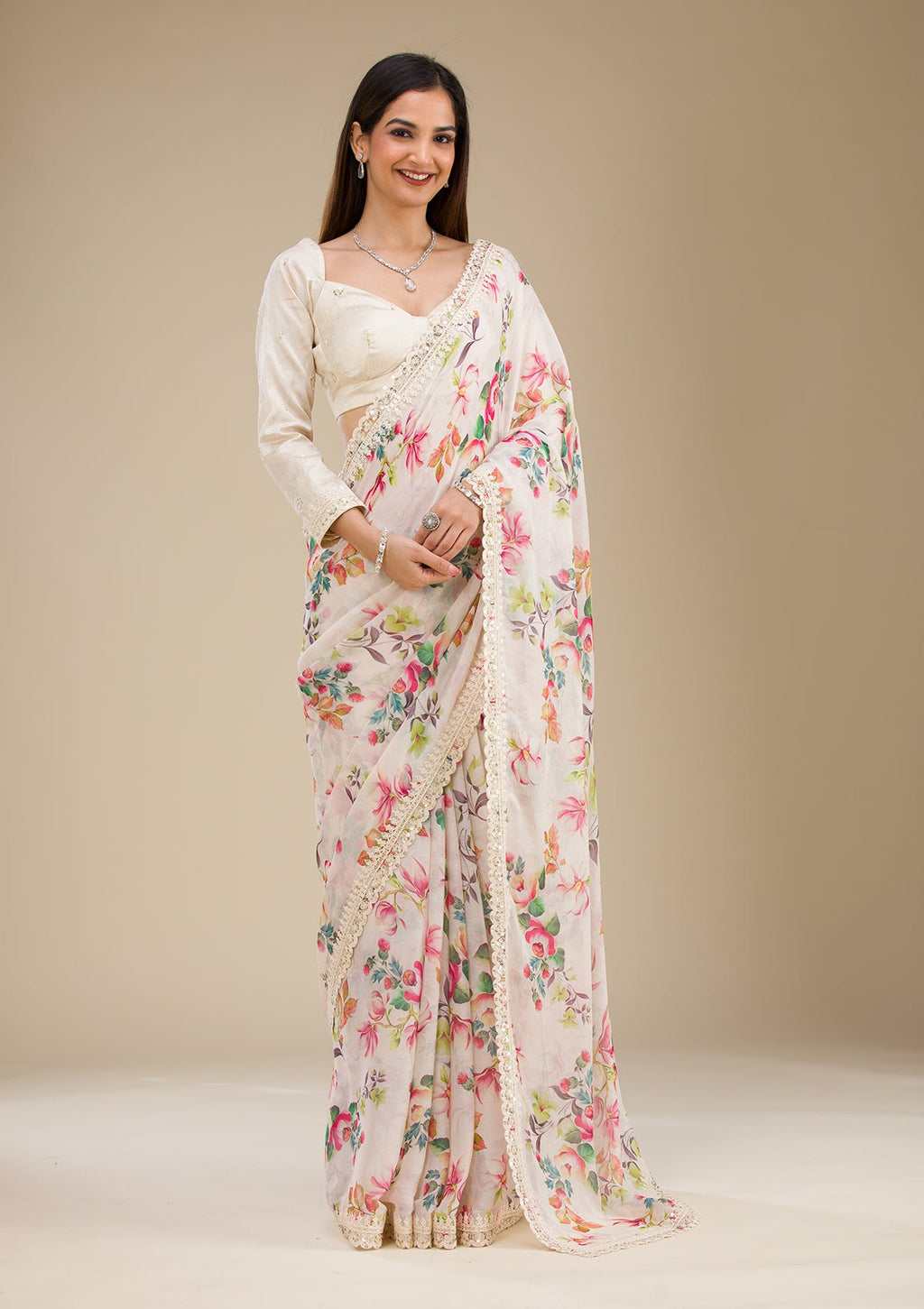 Off White Printed Georgette Saree