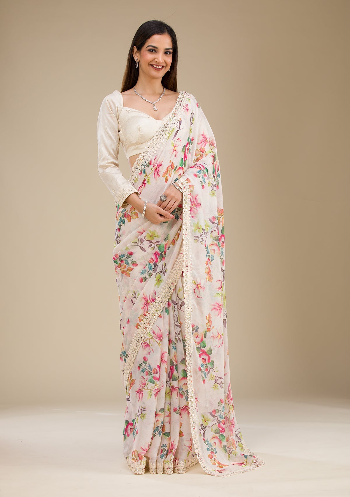 Off White Printed Georgette Saree