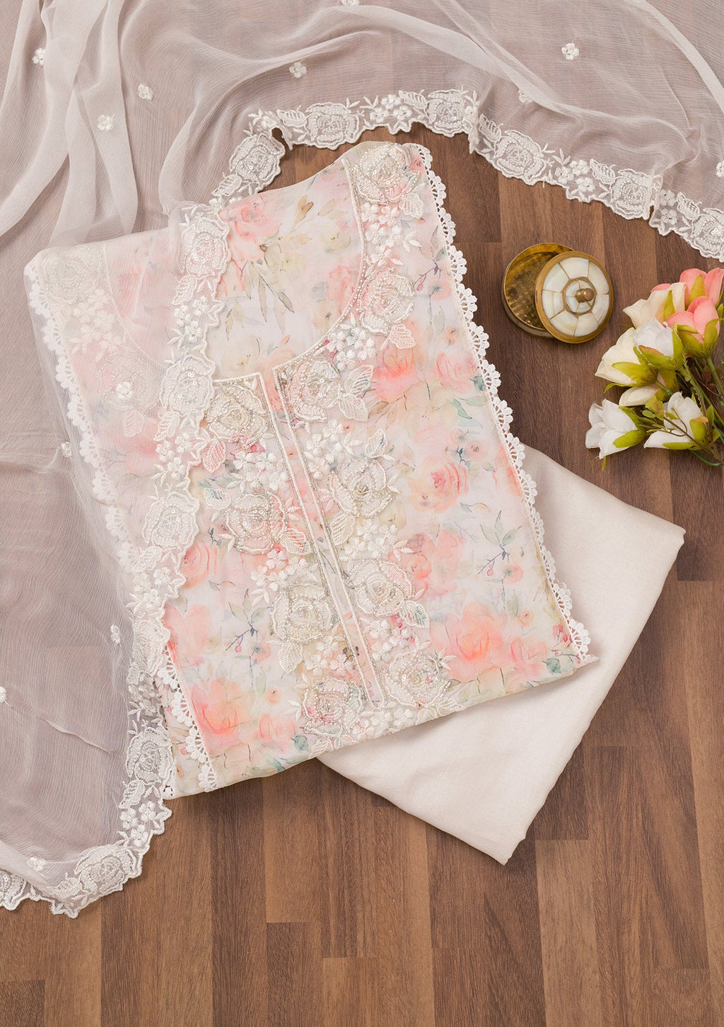 Off White Printed Organza Unstitched Salwar Suit