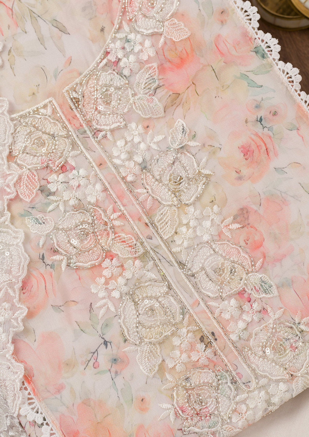 Off White Printed Organza Unstitched Salwar Suit