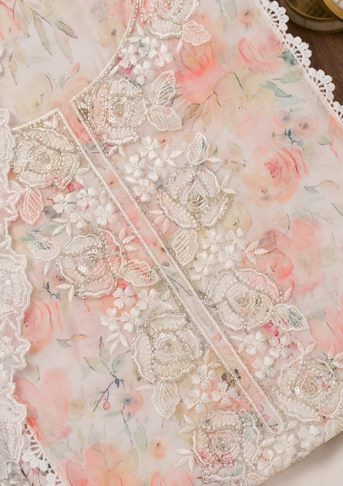 Off White Printed Organza Unstitched Salwar Suit