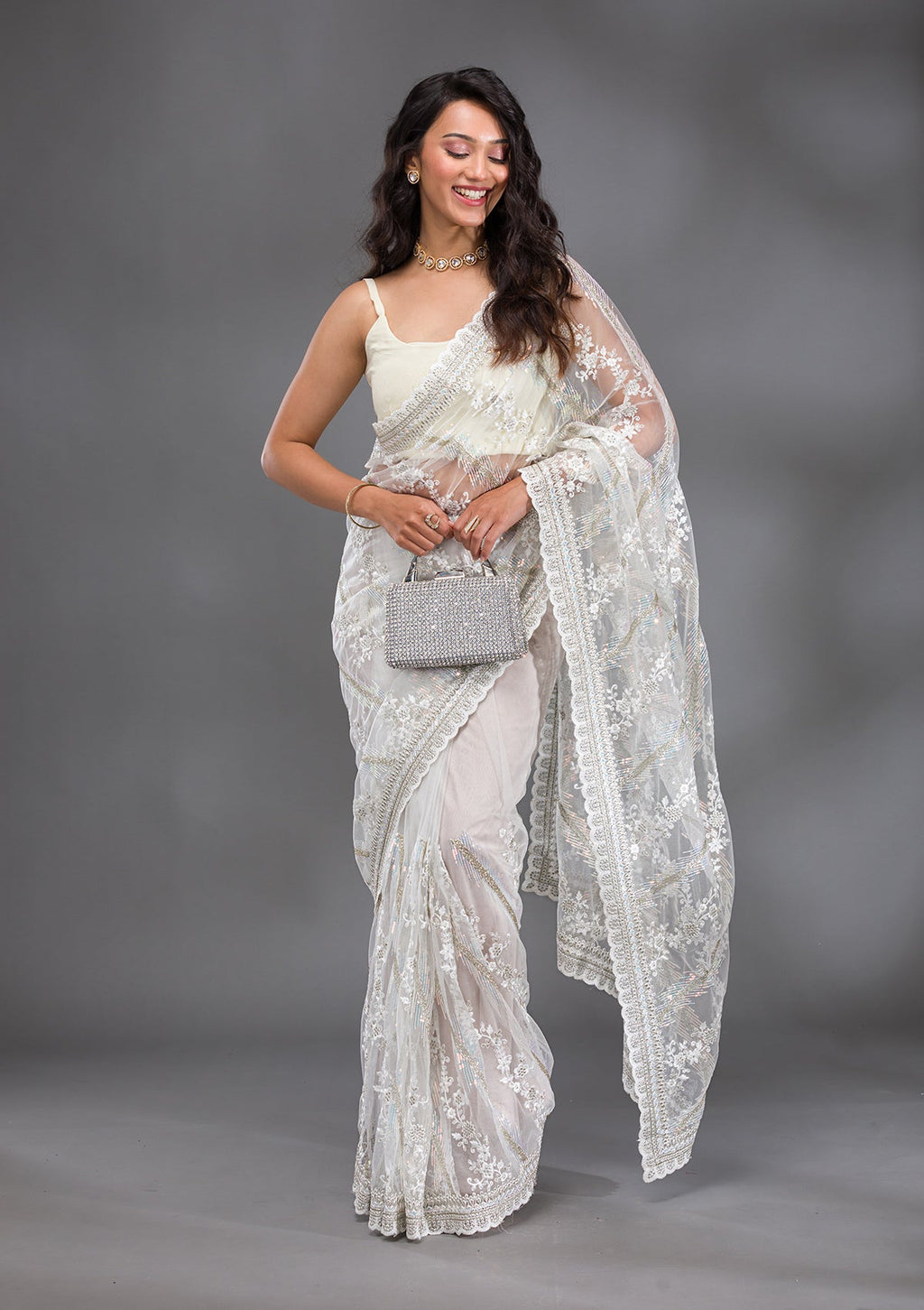 Off White Sequins Net Saree