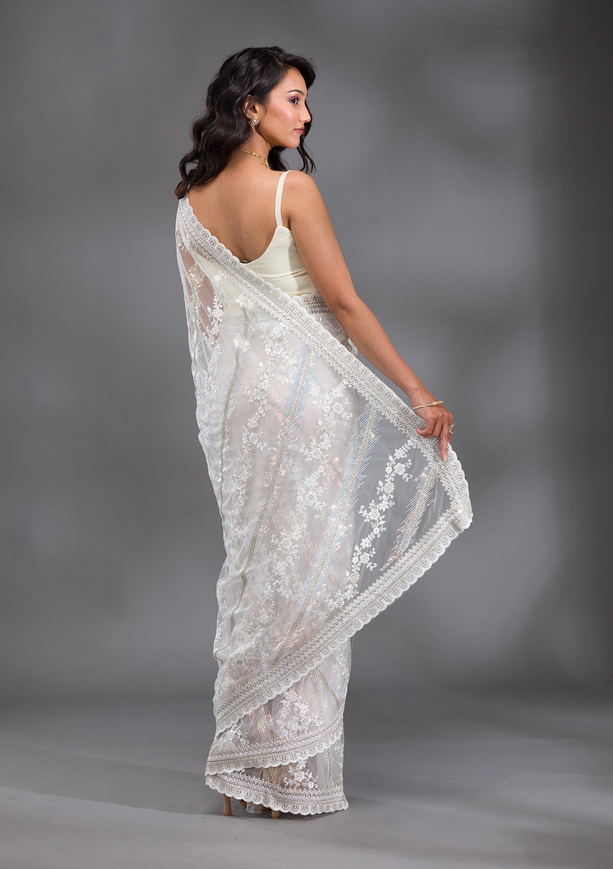 Off White Sequins Net Saree