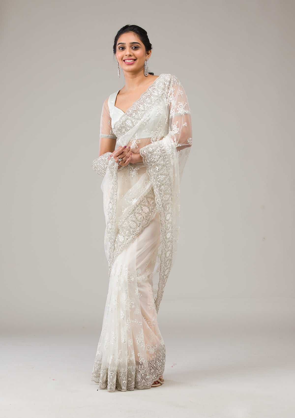 Off White Stonework Net Saree