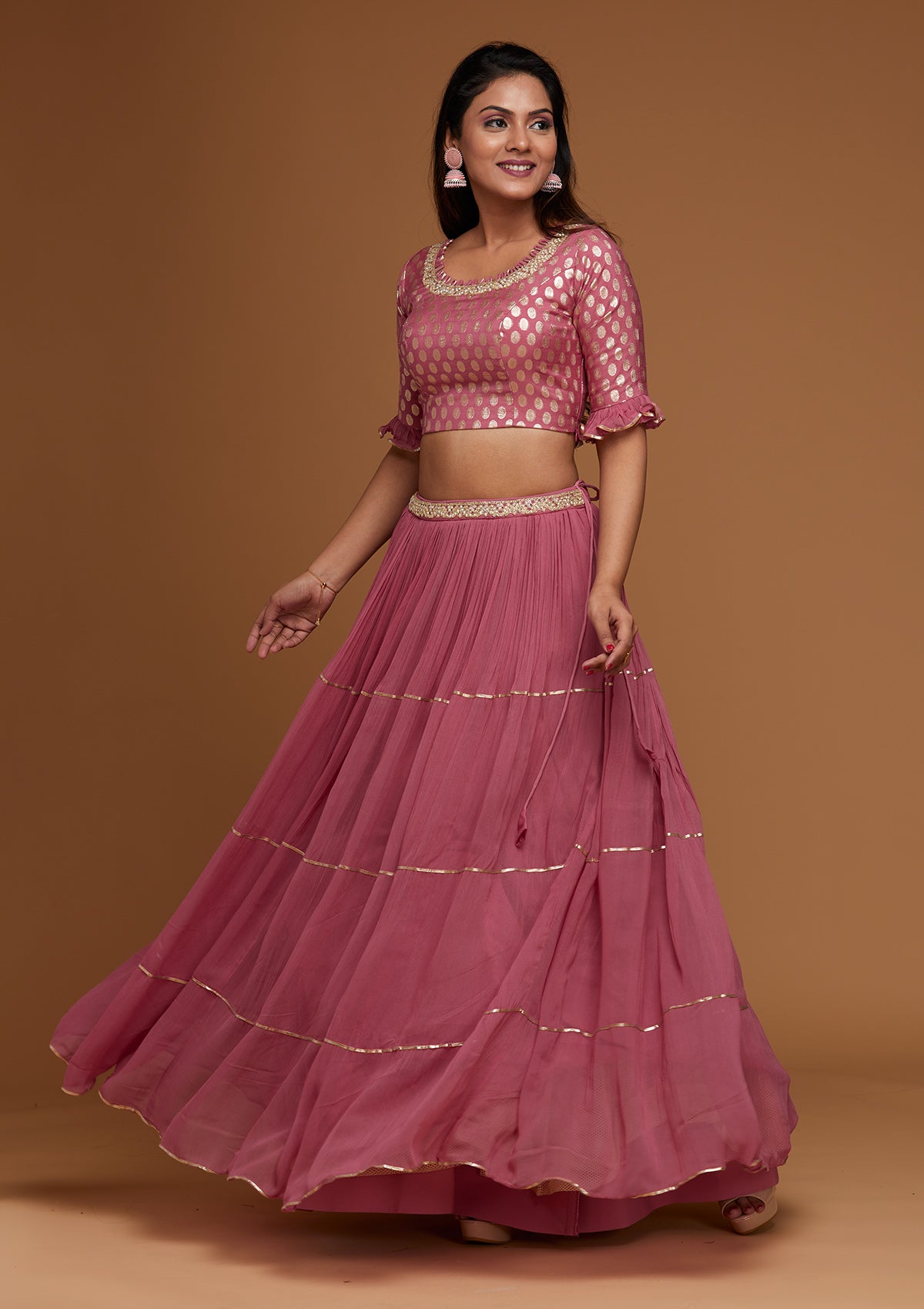 Onion Pink Print Georgette Readymade Lehenga