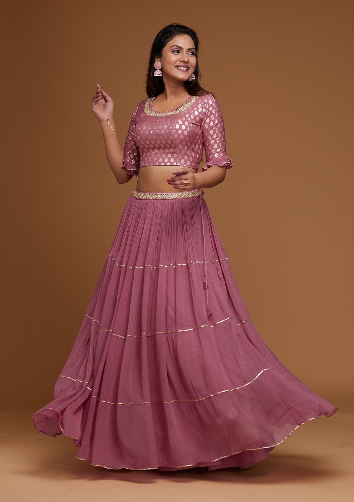 Onion Pink Print Georgette Readymade Lehenga