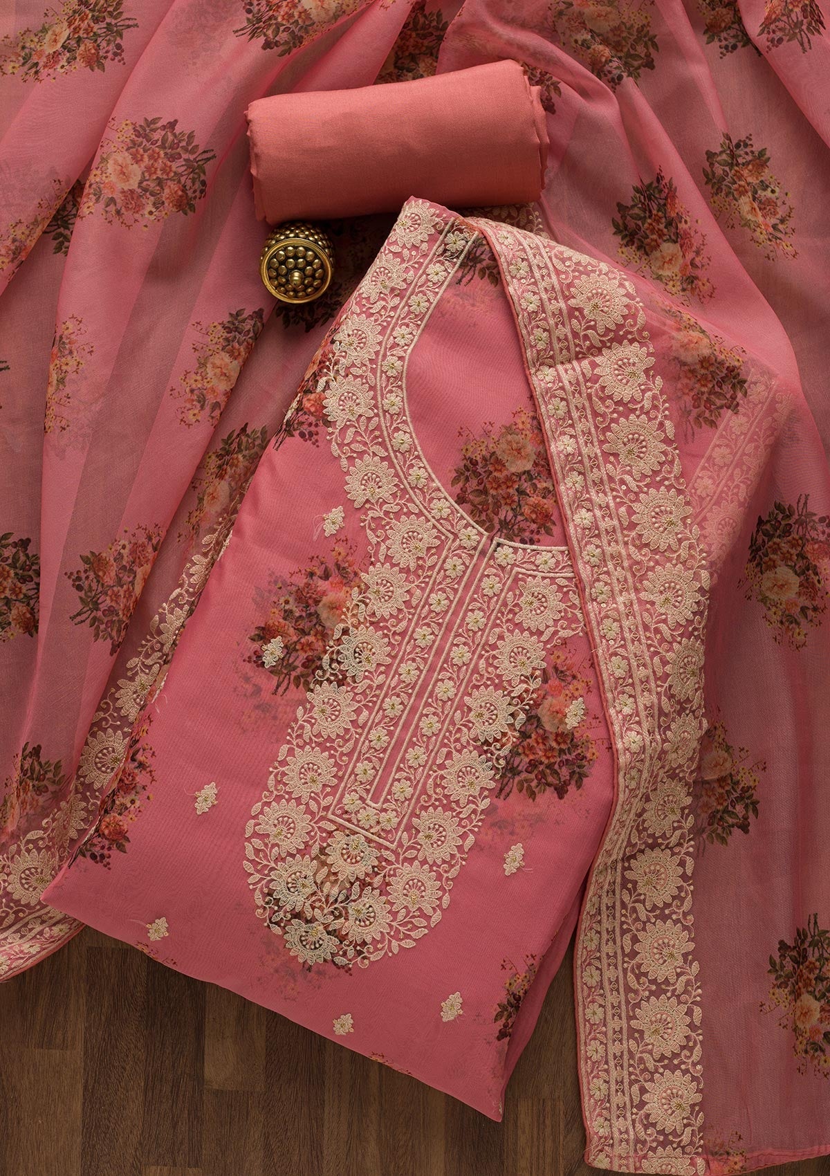 Onion Pink Print Tissue Unstitched Salwar Suit