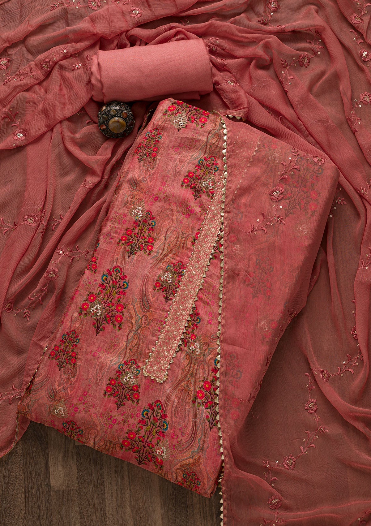 Onion Pink Printed Semi Crepe Unstitched Salwar Suit