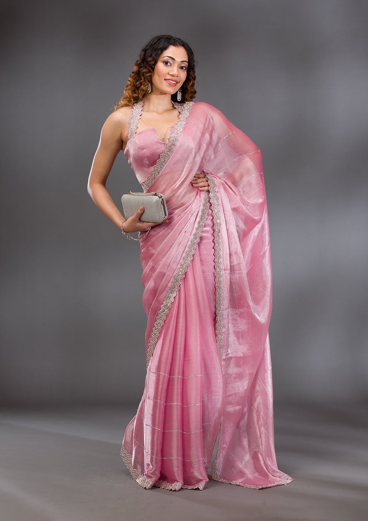 Onion Pink Stonework (Silver) Organza Saree