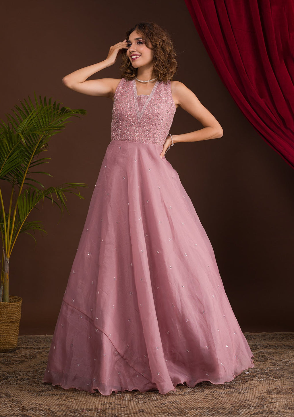 Onion Pink Stonework Tissue Designer Gown