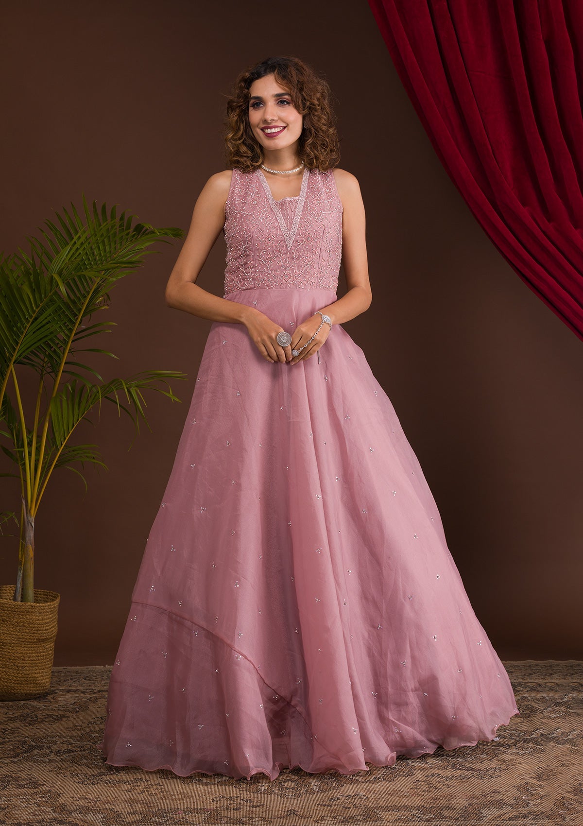 Onion Pink Stonework Tissue Designer Gown
