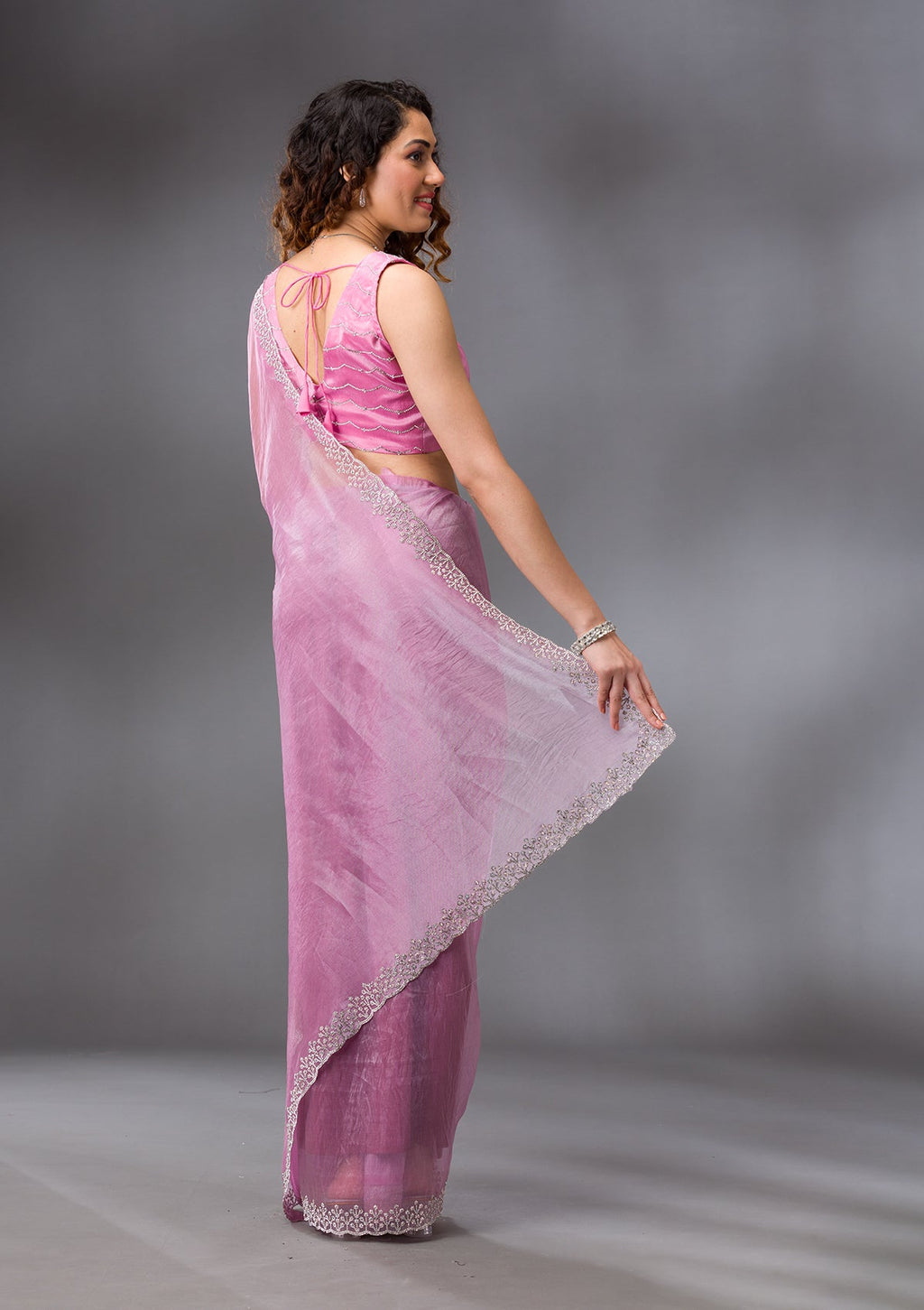 Onion Pink Stonework Tissue Saree