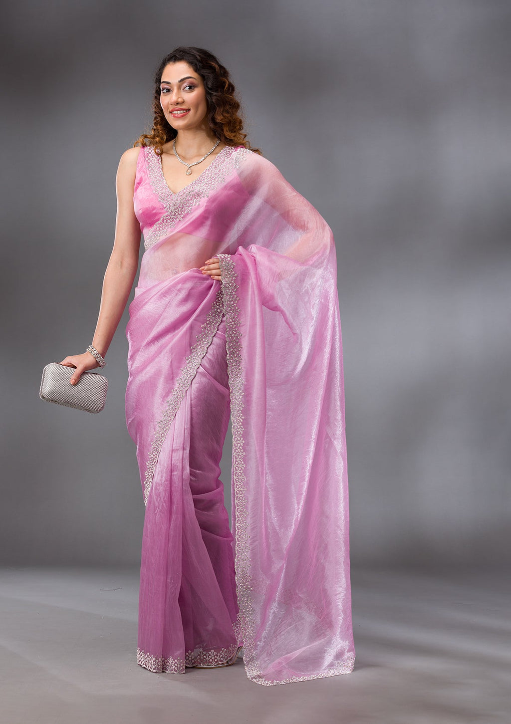Onion Pink Stonework Tissue Saree